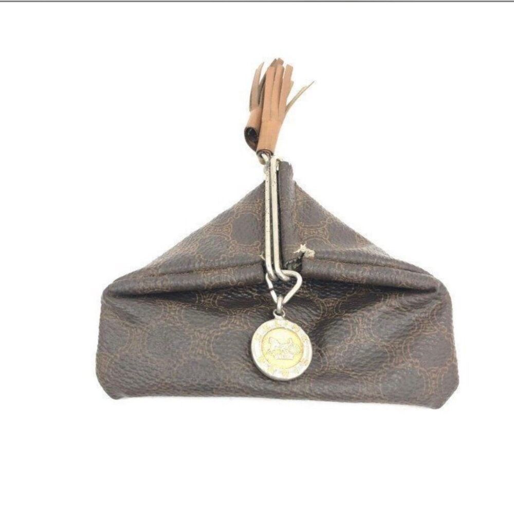 Celine Macadam Coin Case Pouch Brown Logo Print Leather Luxury Charm Tassle